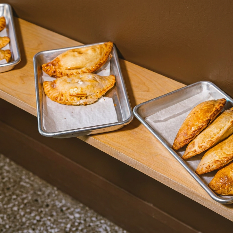 Golden-brown empanadas in metal trays on a wooden shelf, with a dark brown wall behind them.